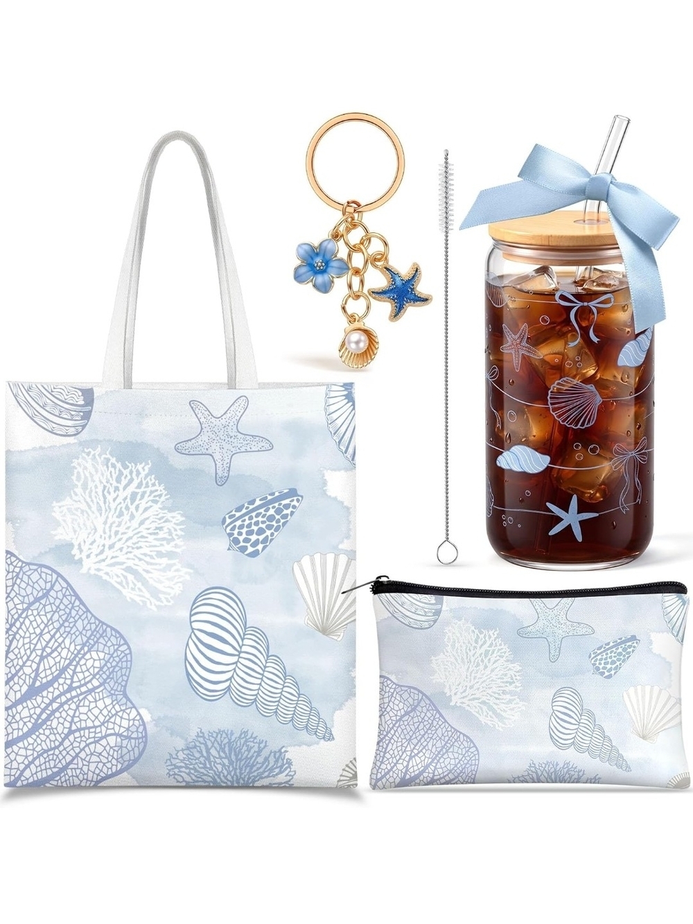 Sea Shell Coastal Tote Bag and Accessories Set - Light Blue